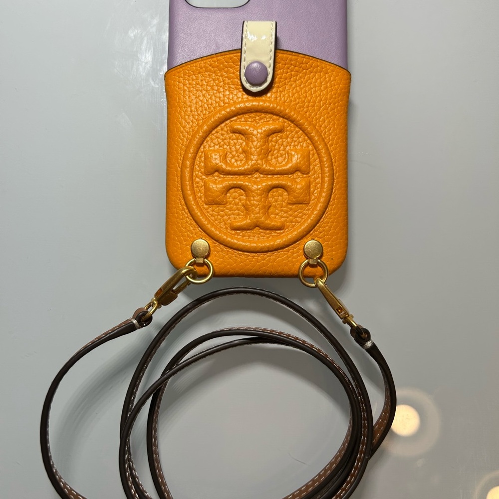 Tory Burch Two-Tone Leather Phone Crossbody in Orange and Lavender